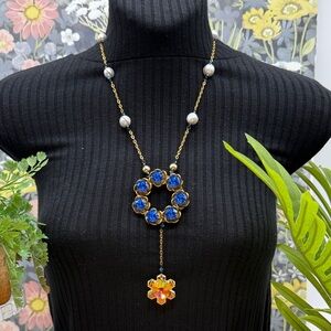 👑Adorned Crown Jewelry assemblage blue ring fire & ice crystal pearl necklace